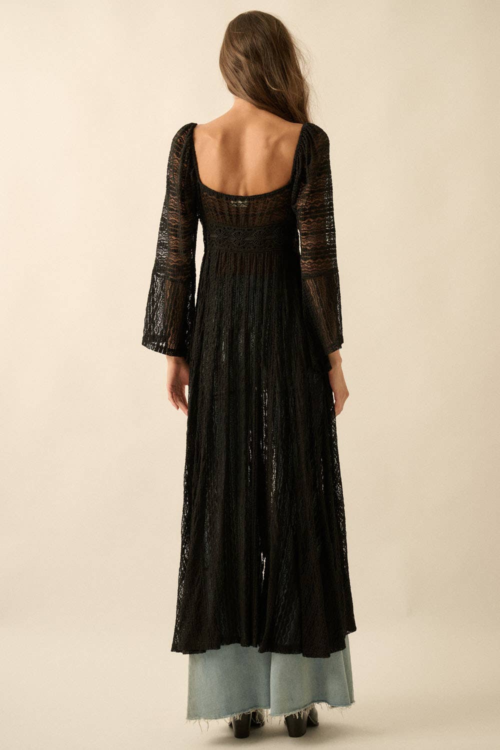 Sheer Striped Lace Button- Up Layering Midi Dress: Taupe