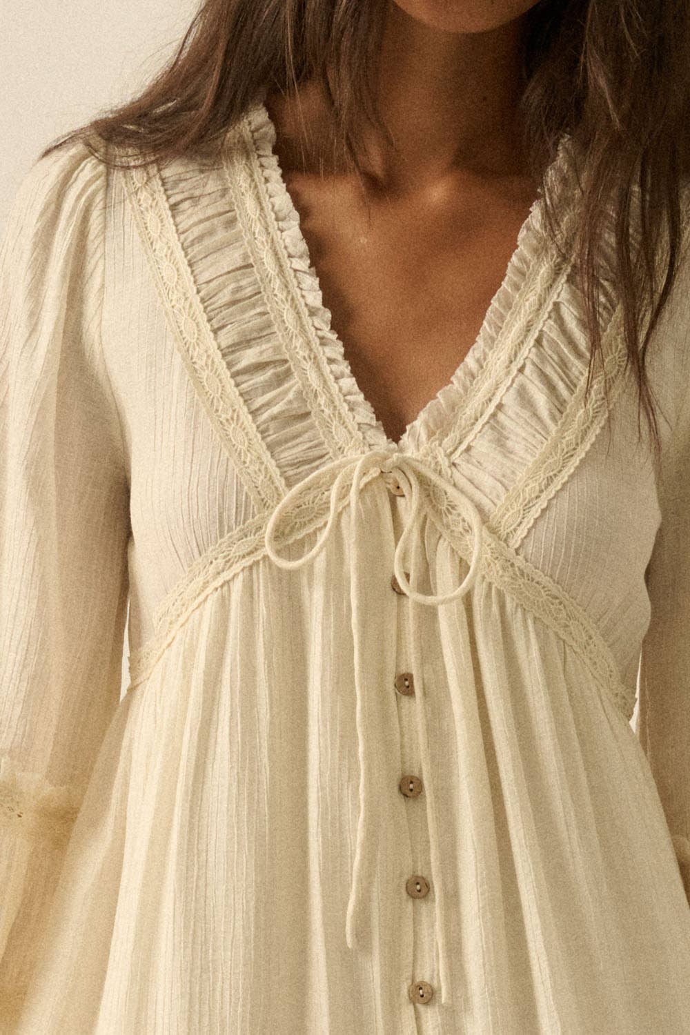 Tonal-Stripe Lace-Trim Button-Front Maxi Dress: CREAM