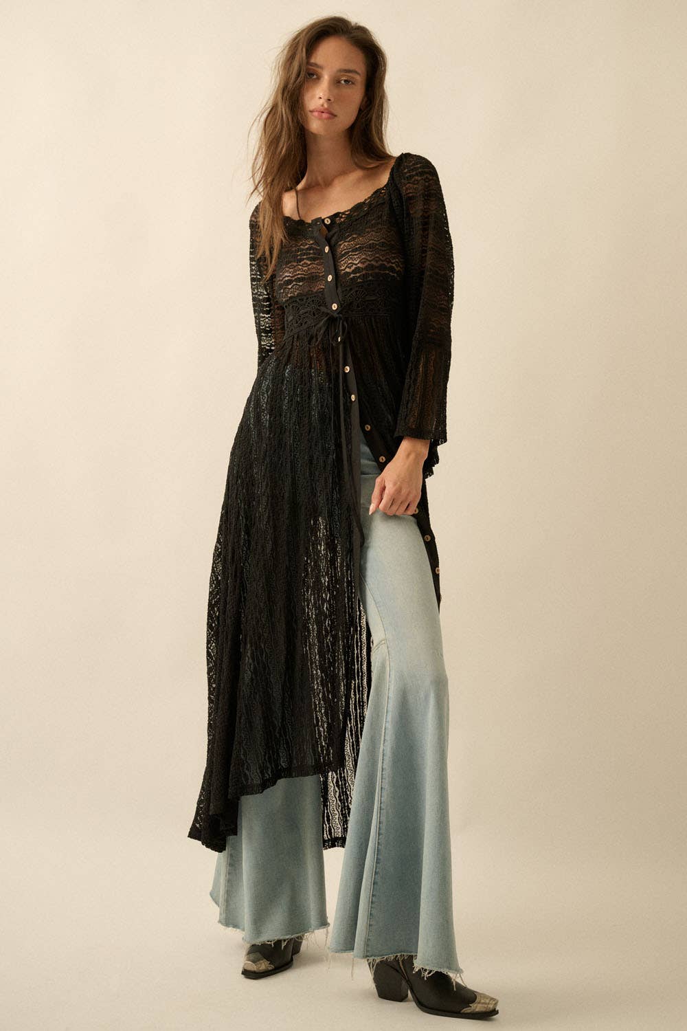 Sheer Striped Lace Button- Up Layering Midi Dress: Taupe