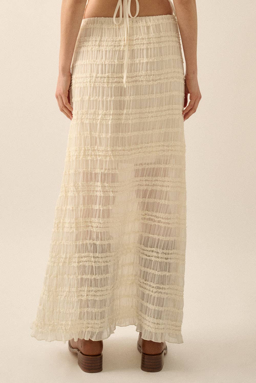 Gathered Tiered Ruffle Drawstring Maxi Skirt: CREAM