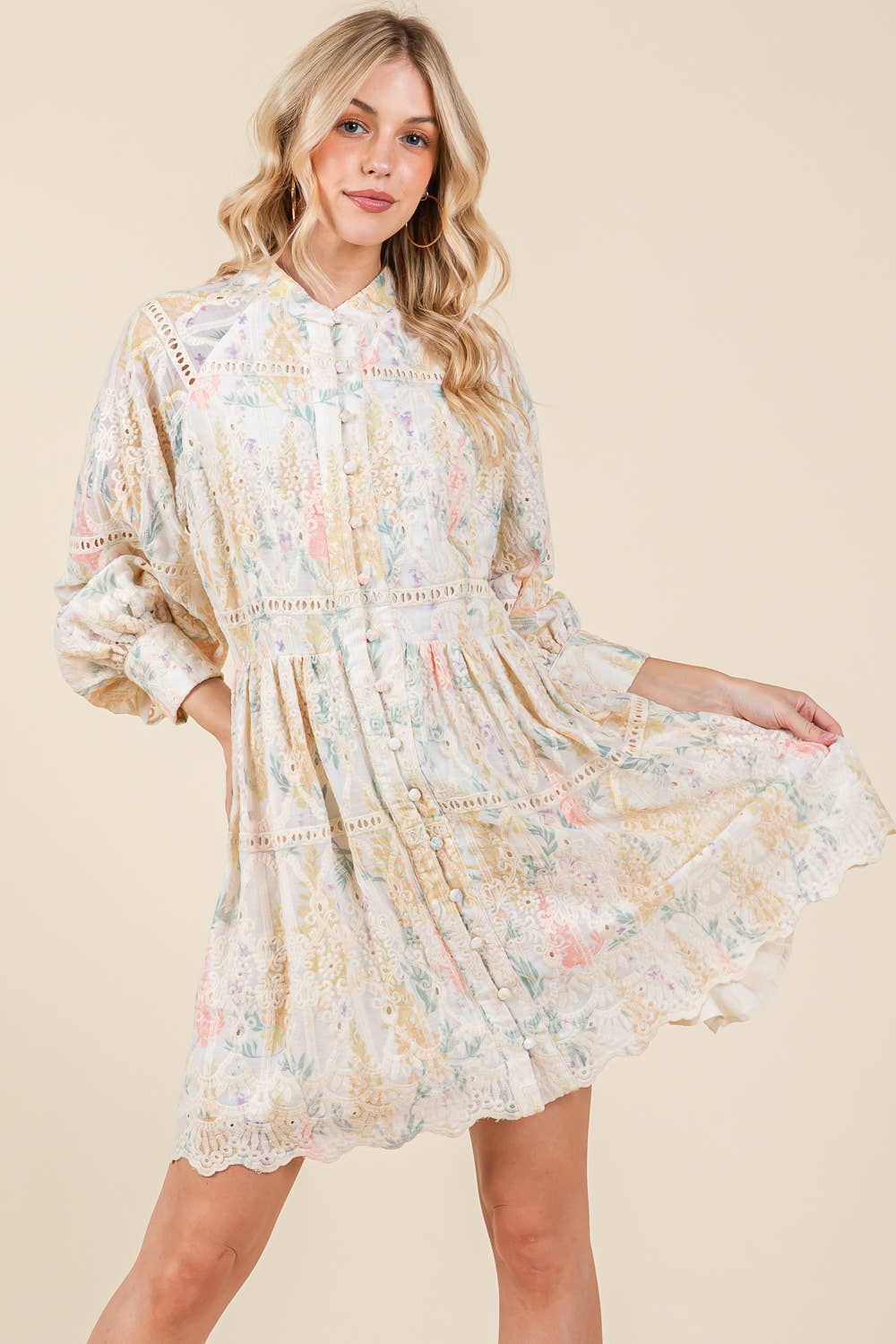 Plus Floral Long Sleeved Mini Shirt Dress, OD51132PL: Creme