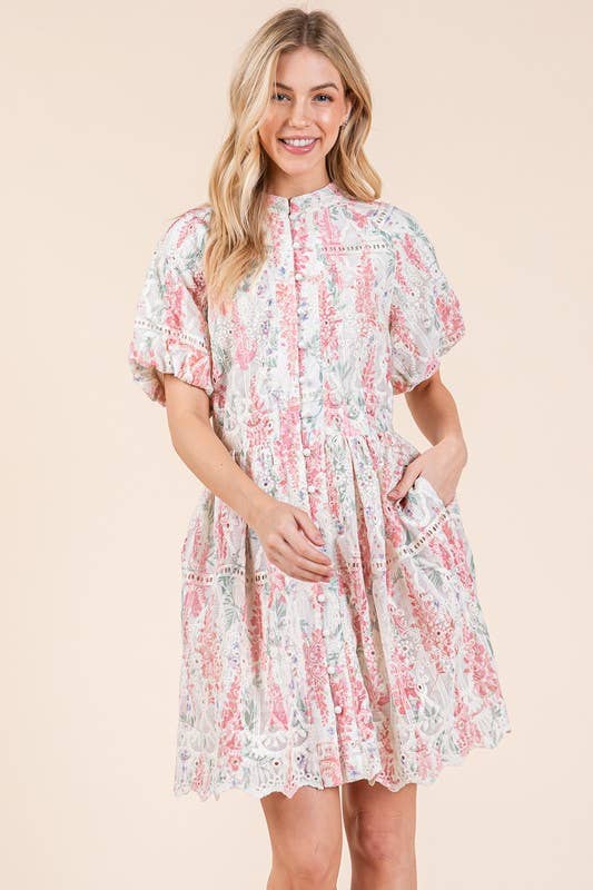 Floral Eyelet Lace Mini Shirt Dress, OD51255: Pink Multi