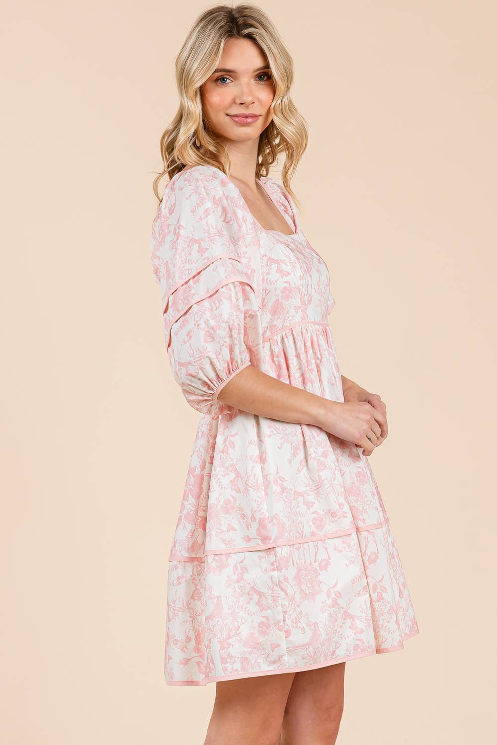 Floral Tiered Mini Dress, MD51614: Cream/Blue