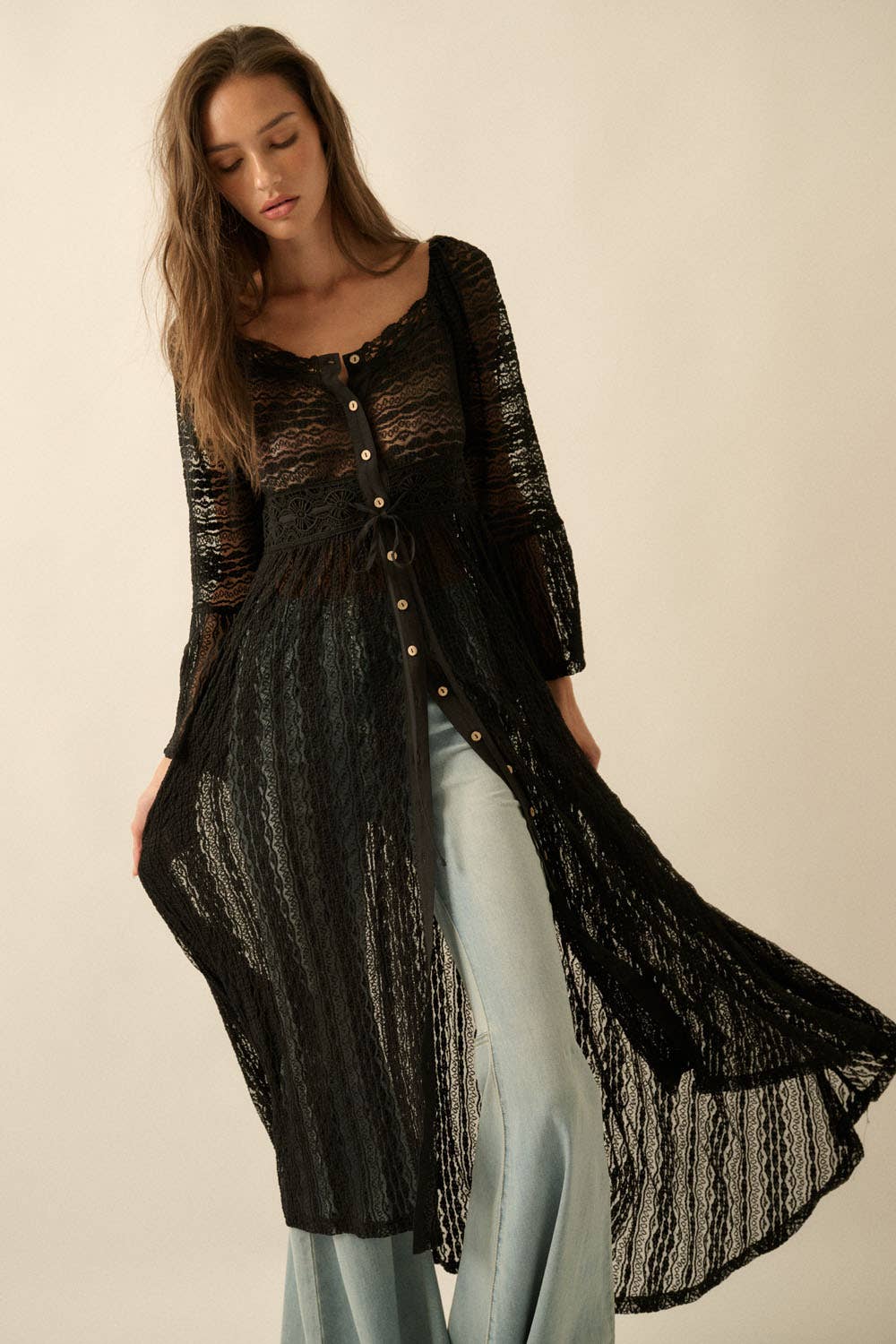Sheer Striped Lace Button- Up Layering Midi Dress: Taupe