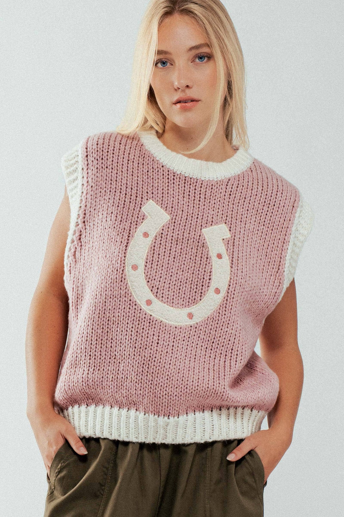 Western Horseshoe Crochet Knit Ribbed Trim Sweater Vest: Brown