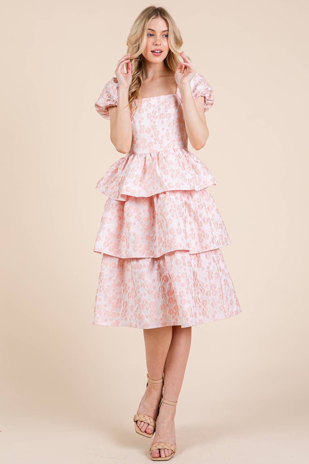 Floral Jacquard Tiered Midi Dress, MD51548: Blush
