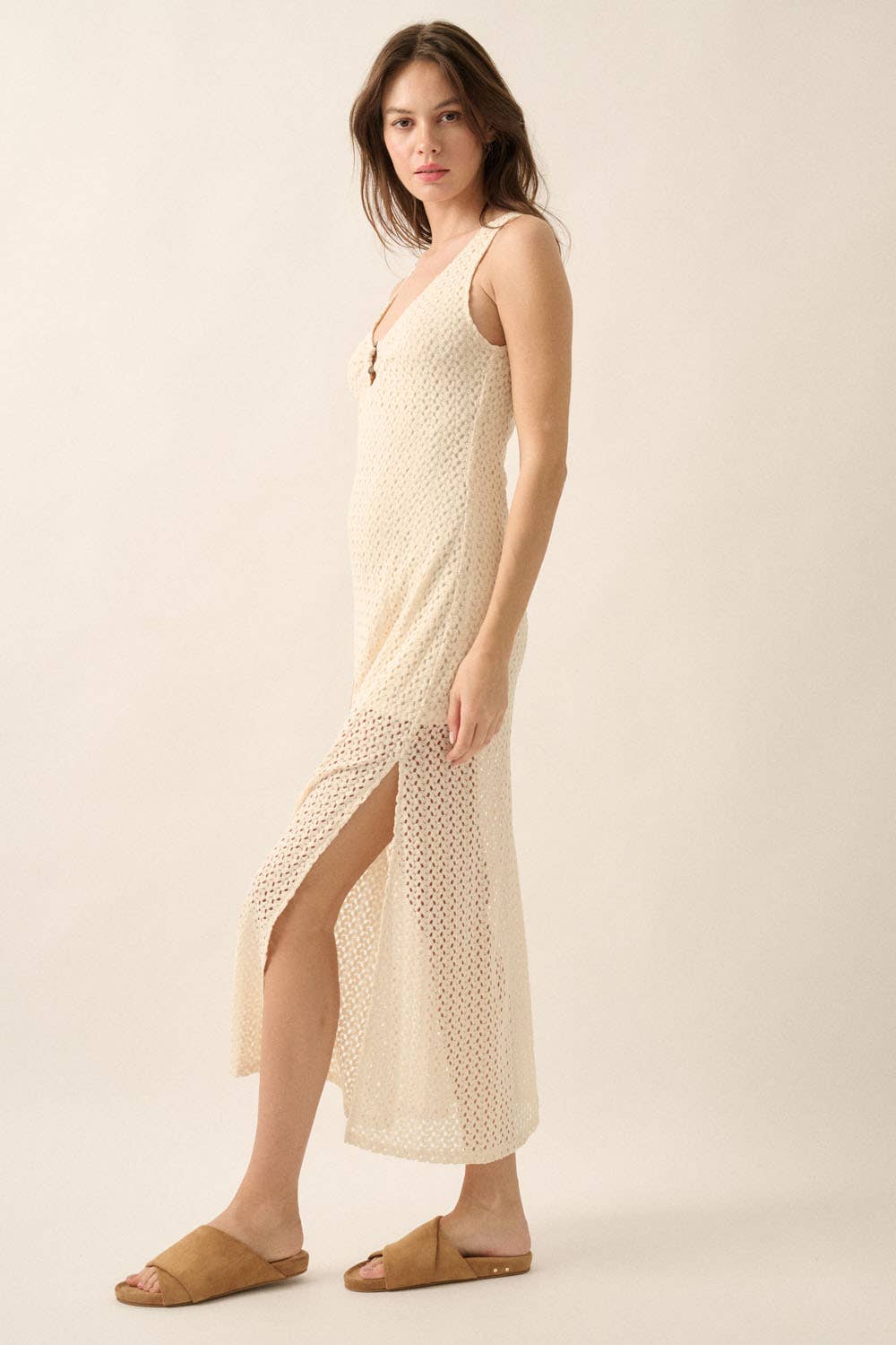 Crochet Knit O-Ring Keyhole Maxi Dress: TAUPE