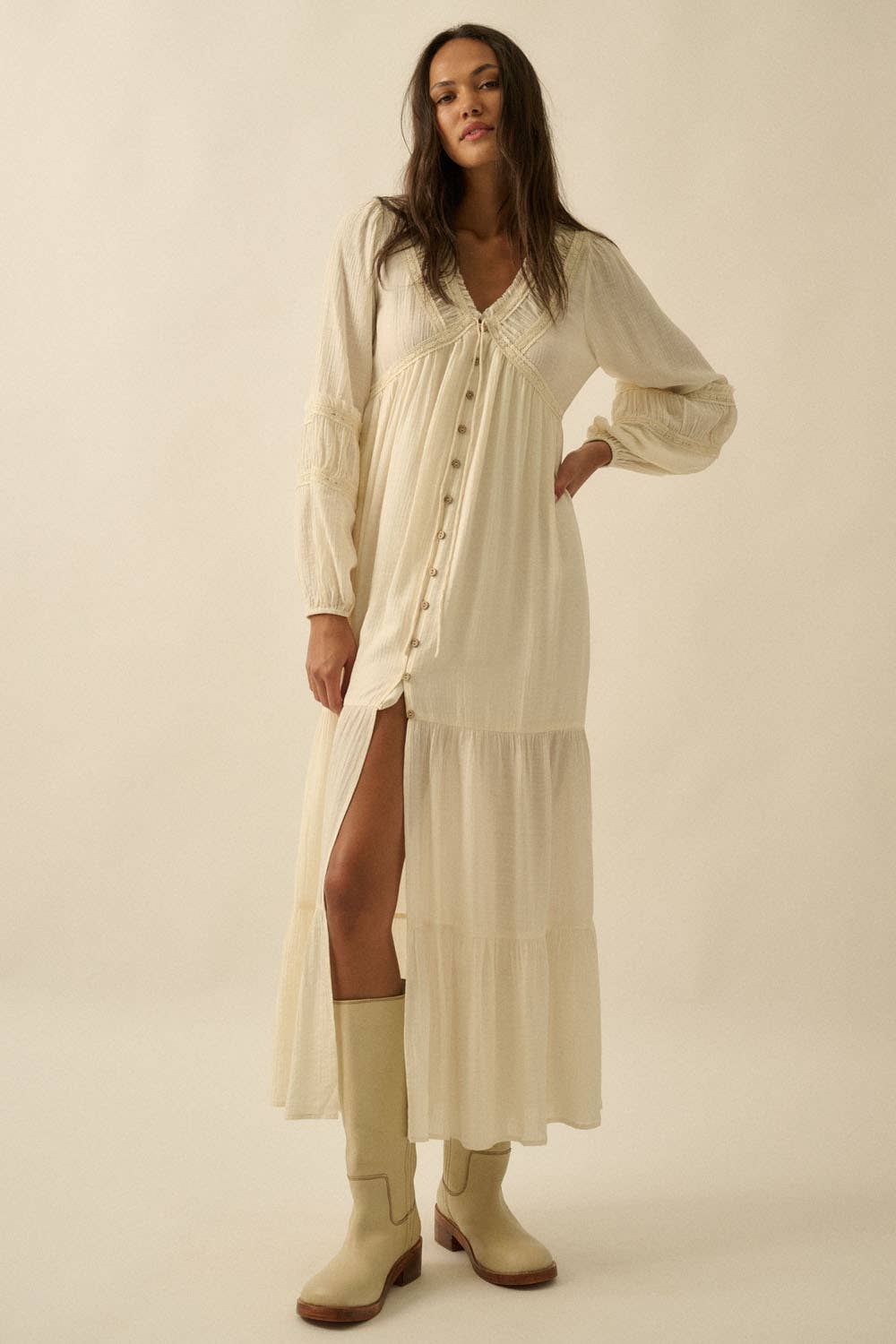 Tonal-Stripe Lace-Trim Button-Front Maxi Dress: CREAM