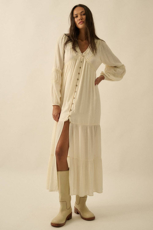 Tonal-Stripe Lace-Trim Button-Front Maxi Dress: CREAM