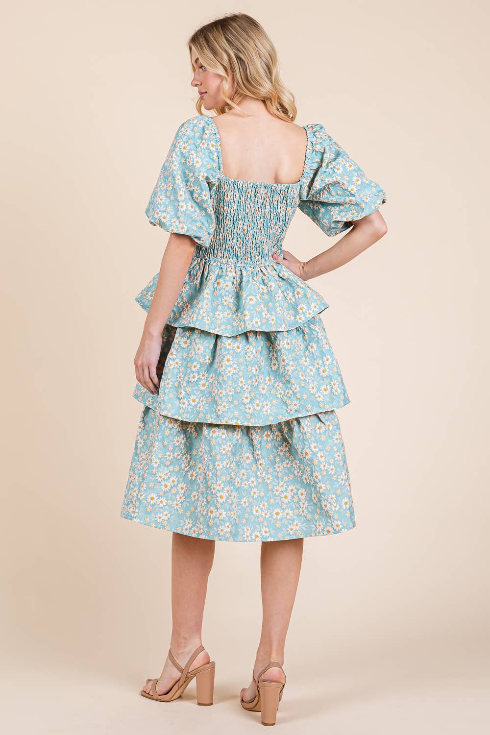 Floral Jacquard Tiered Midi Dress, MD51548: Blush