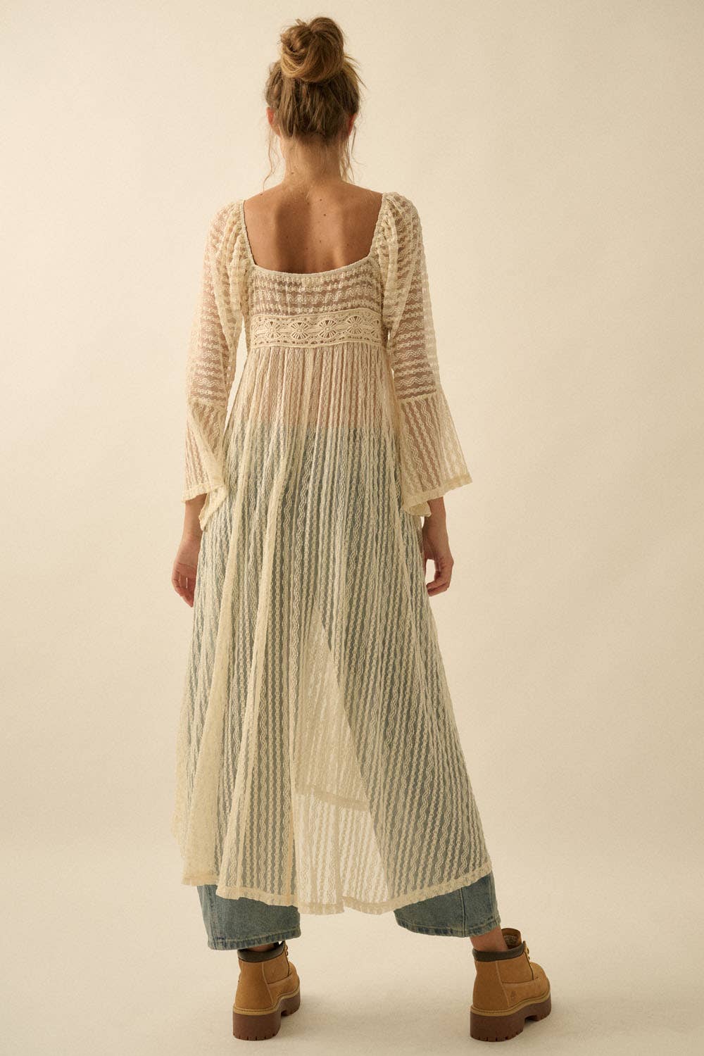 Sheer Striped Lace Button- Up Layering Midi Dress: Taupe