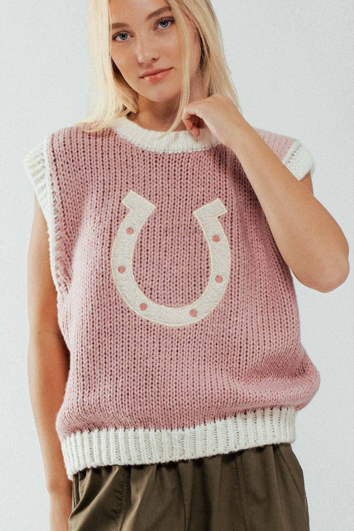 Western Horseshoe Crochet Knit Ribbed Trim Sweater Vest: Brown