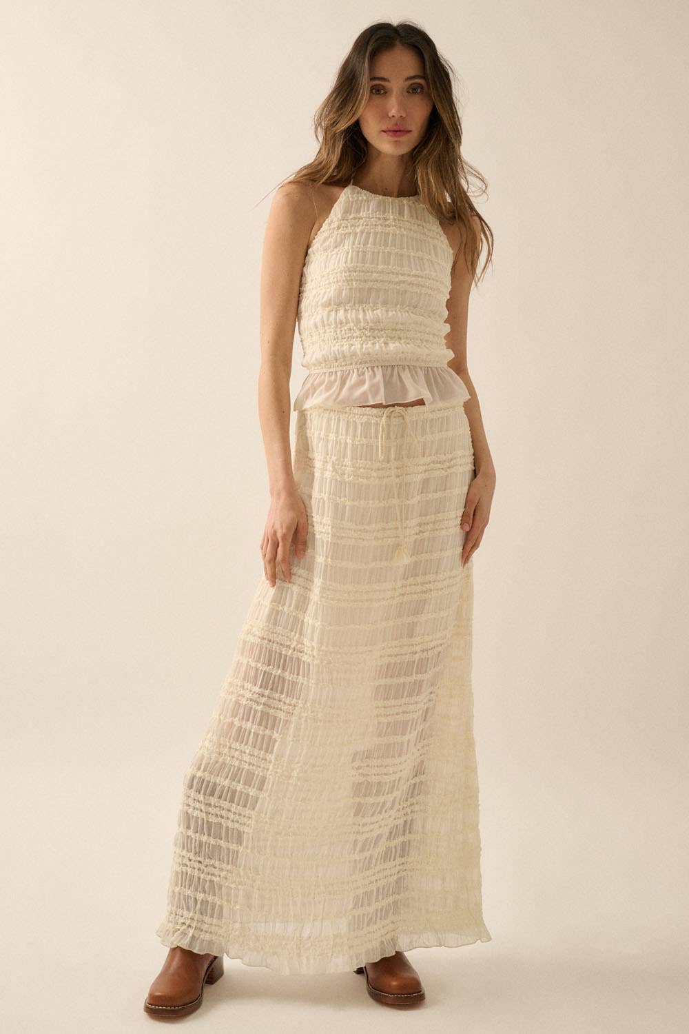 Gathered Tiered Ruffle Drawstring Maxi Skirt: CREAM