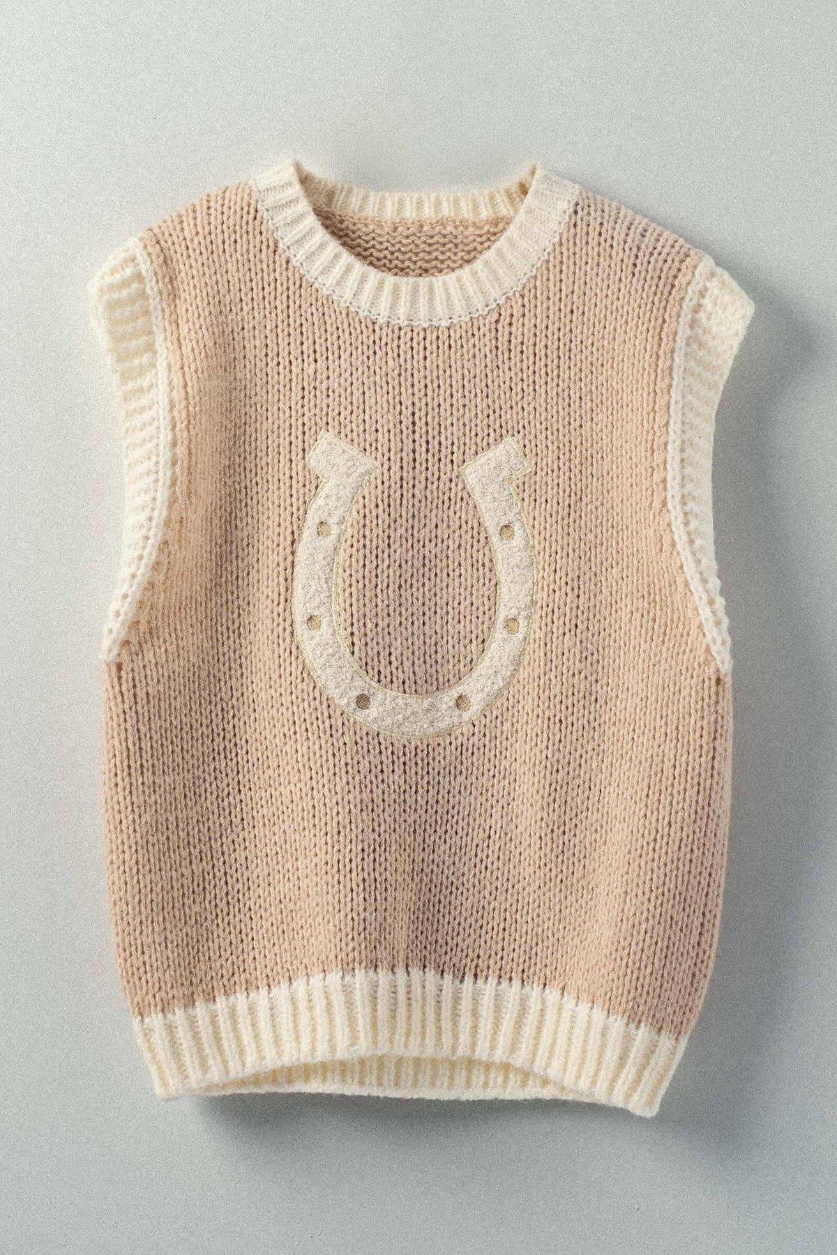 Western Horseshoe Crochet Knit Ribbed Trim Sweater Vest: Brown