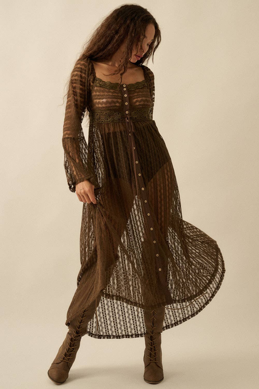 Sheer Striped Lace Button- Up Layering Midi Dress: Taupe