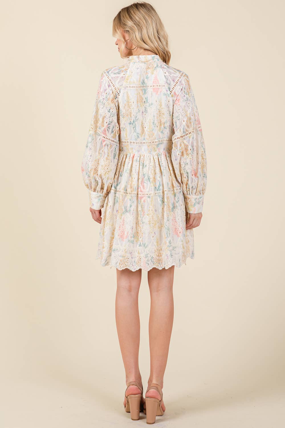 Plus Floral Long Sleeved Mini Shirt Dress, OD51132PL: Creme
