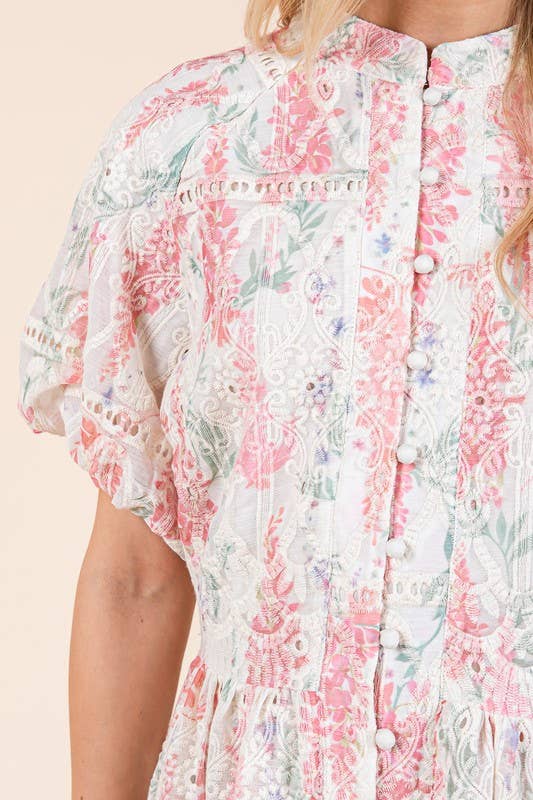 Floral Eyelet Lace Mini Shirt Dress, OD51255: Pink Multi