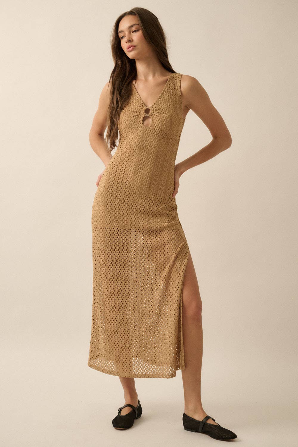 Crochet Knit O-Ring Keyhole Maxi Dress: TAUPE