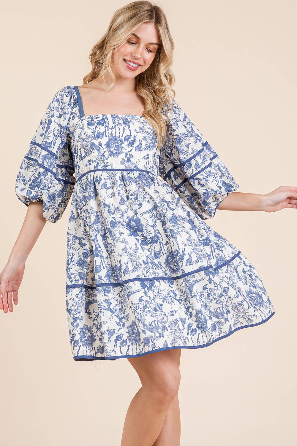 Floral Tiered Mini Dress, MD51614: Cream/Blue