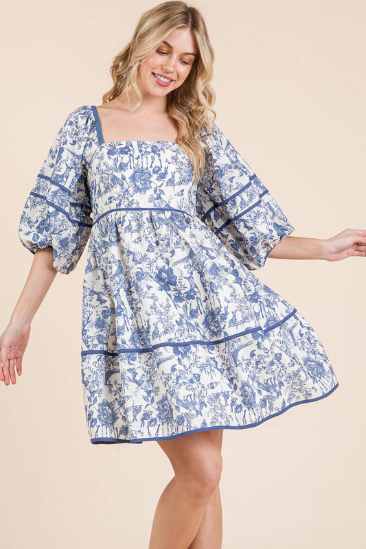 Floral Tiered Mini Dress, MD51614: Cream/Blue