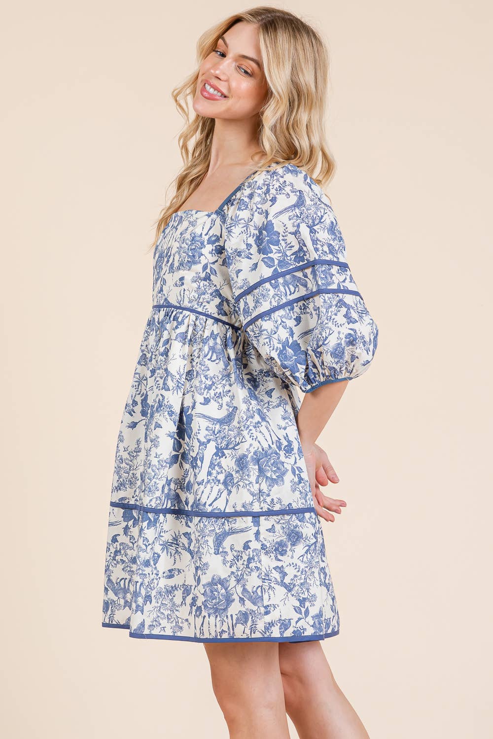 Floral Tiered Mini Dress, MD51614: Cream/Blue