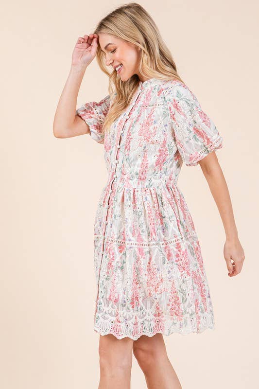 Floral Eyelet Lace Mini Shirt Dress, OD51255: Pink Multi