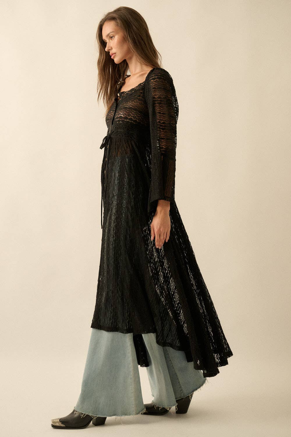 Sheer Striped Lace Button- Up Layering Midi Dress: Taupe