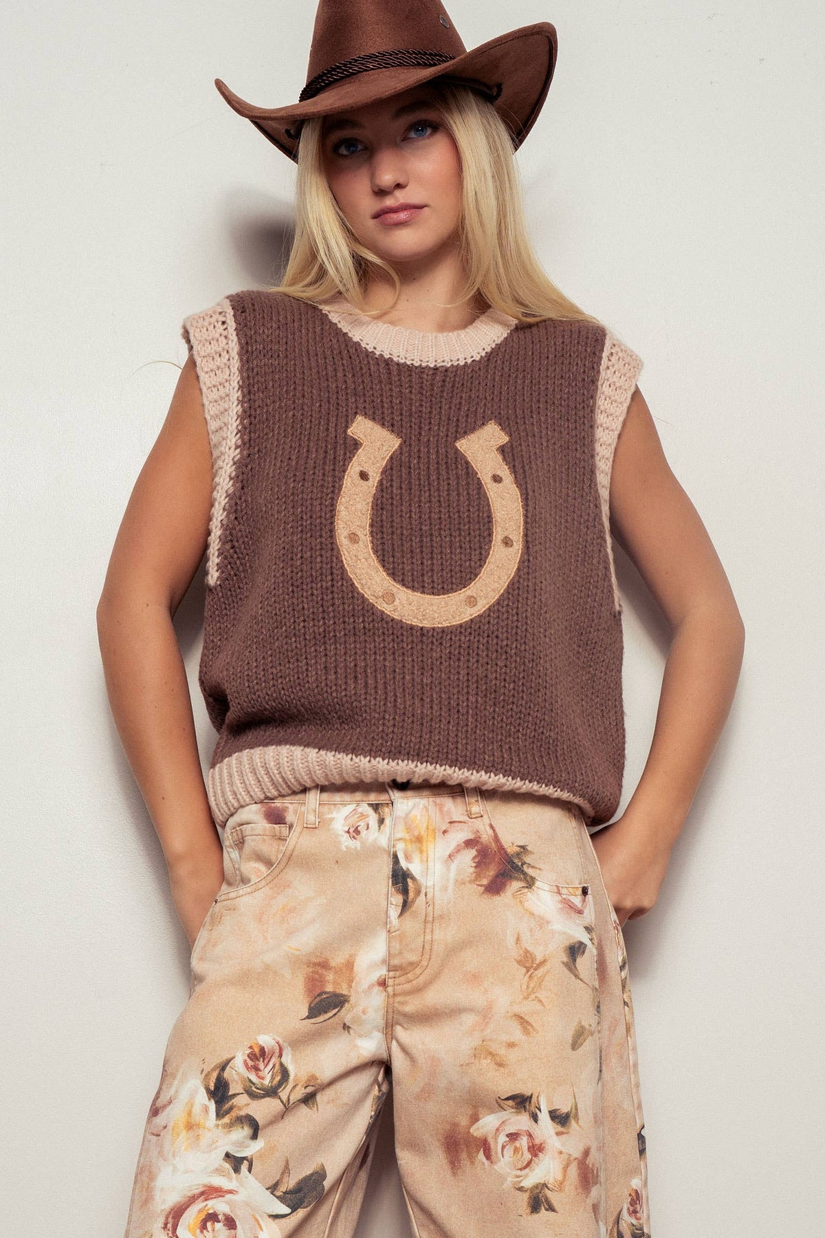 Western Horseshoe Crochet Knit Ribbed Trim Sweater Vest: Brown
