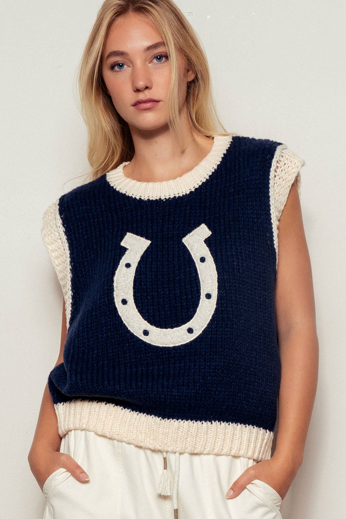 Western Horseshoe Crochet Knit Ribbed Trim Sweater Vest: Brown