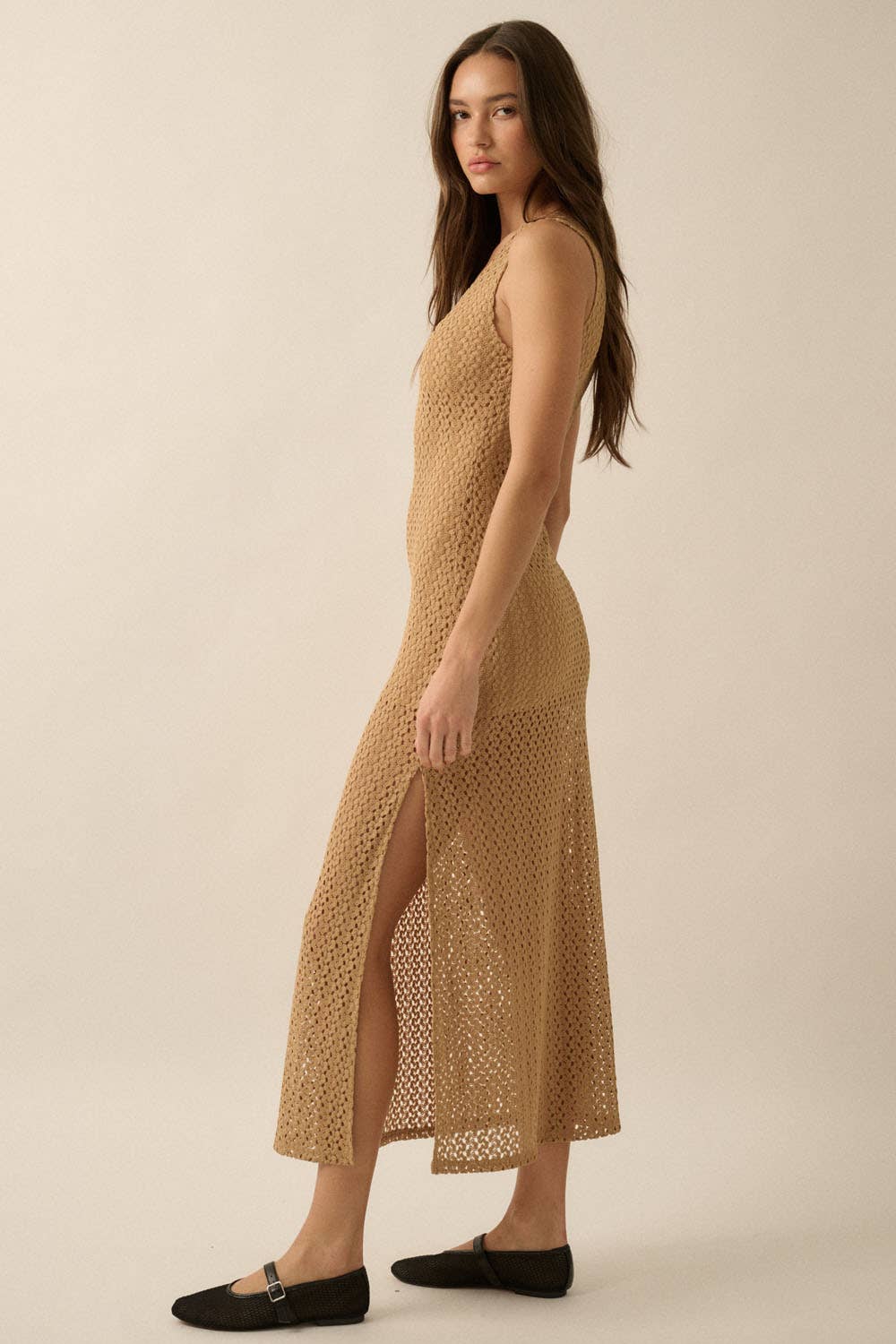 Crochet Knit O-Ring Keyhole Maxi Dress: TAUPE