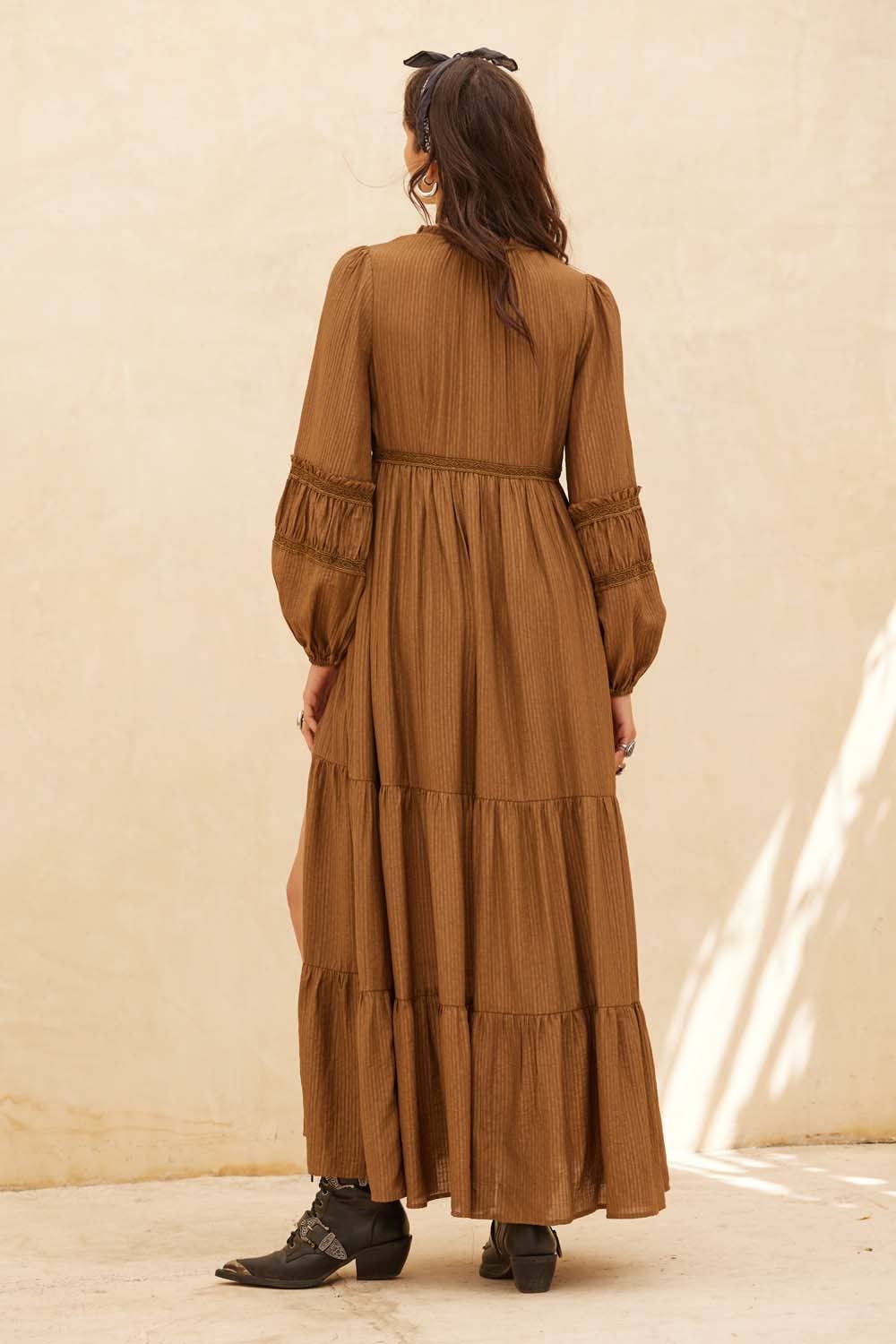 Tonal-Stripe Lace-Trim Button-Front Maxi Dress: CREAM