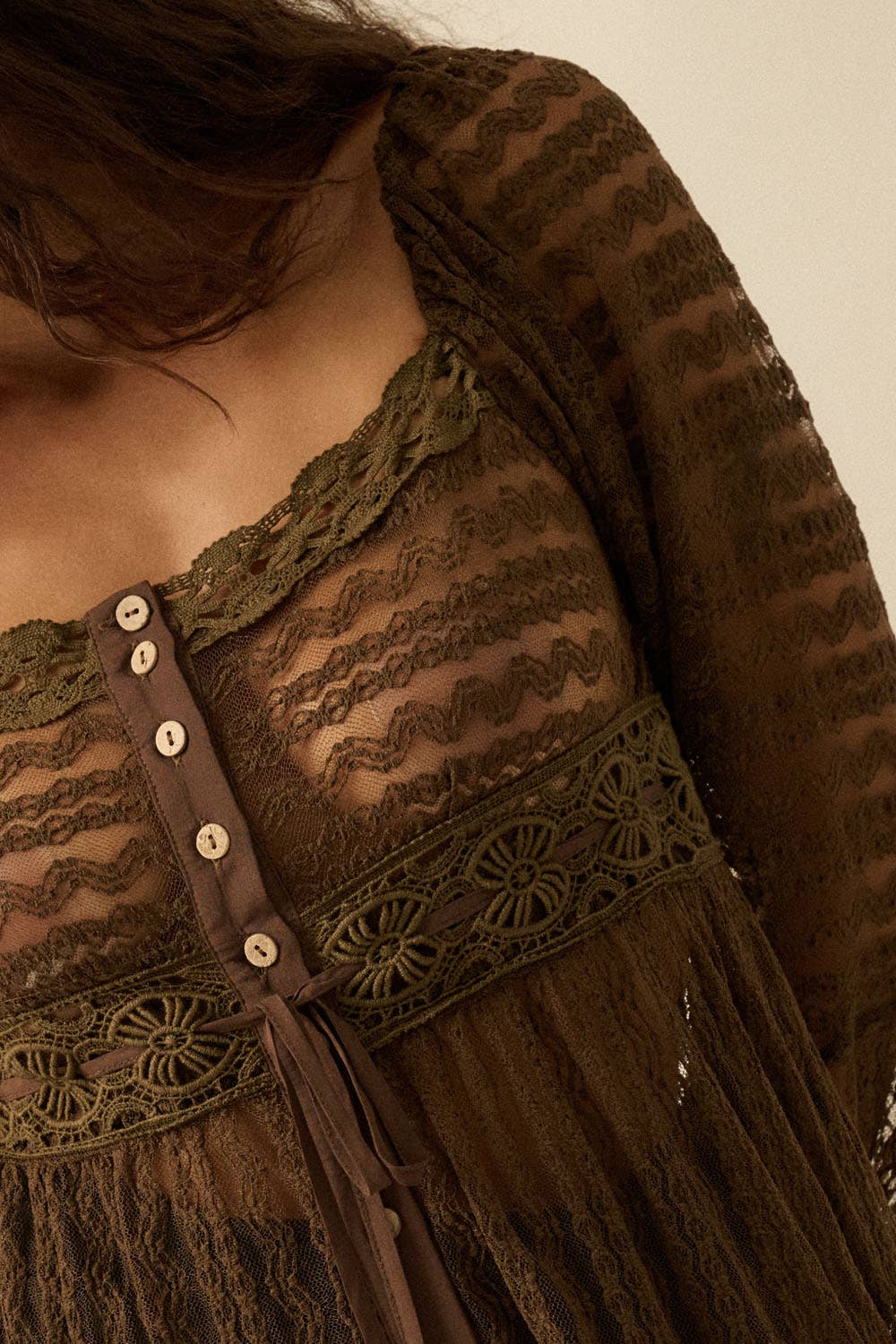 Sheer Striped Lace Button- Up Layering Midi Dress: Taupe