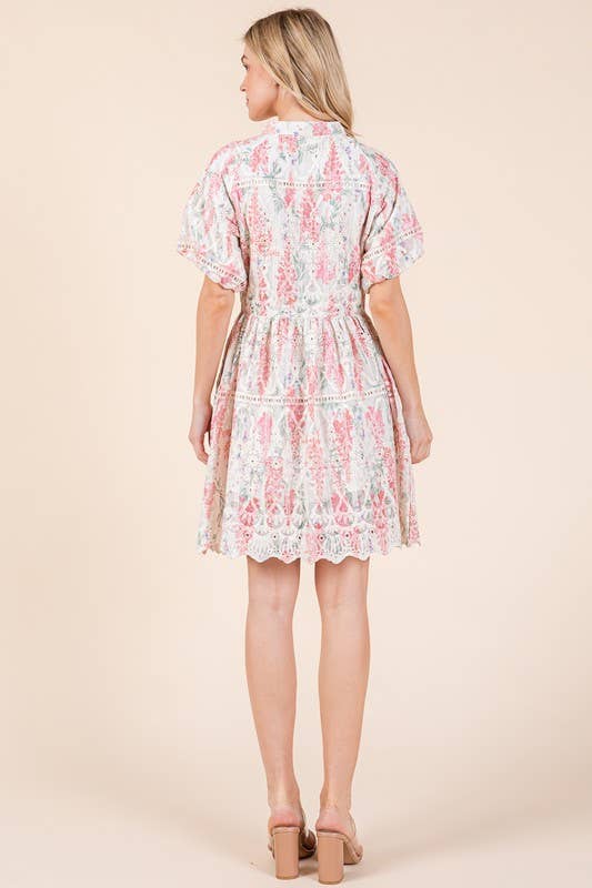 Floral Eyelet Lace Mini Shirt Dress, OD51255: Pink Multi