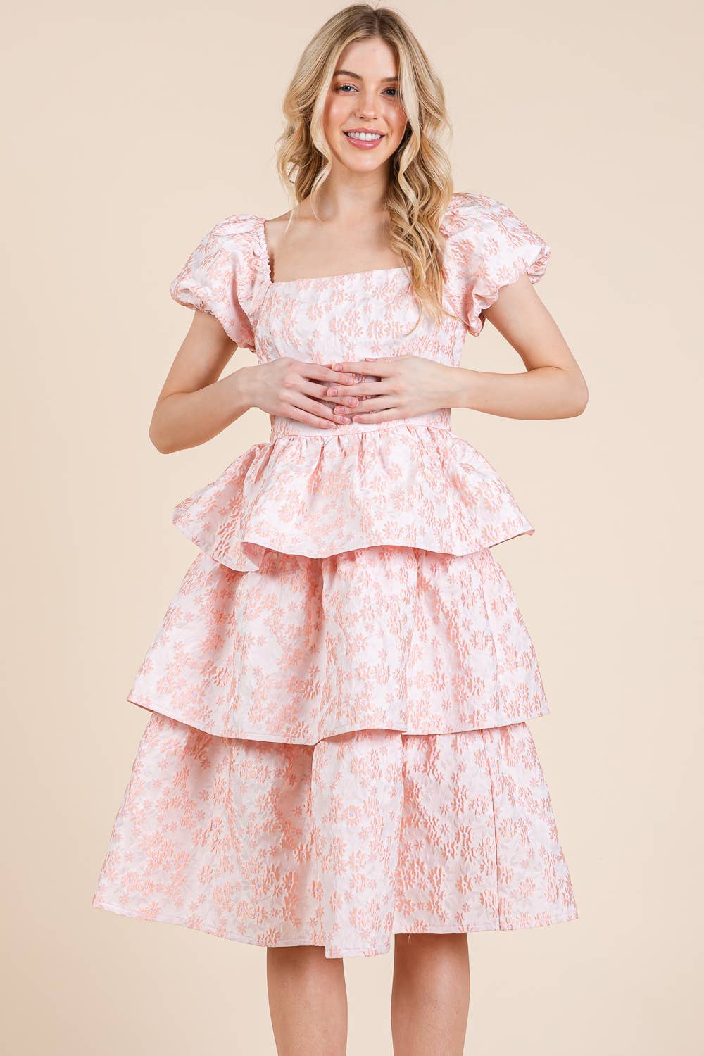 Floral Jacquard Tiered Midi Dress, MD51548: Blush