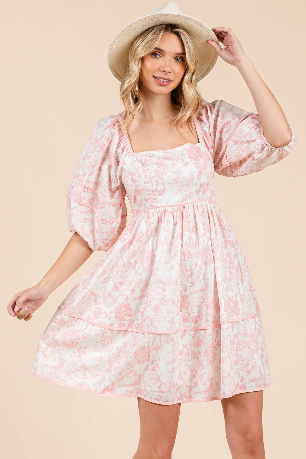 Floral Tiered Mini Dress, MD51614: Cream/Blue