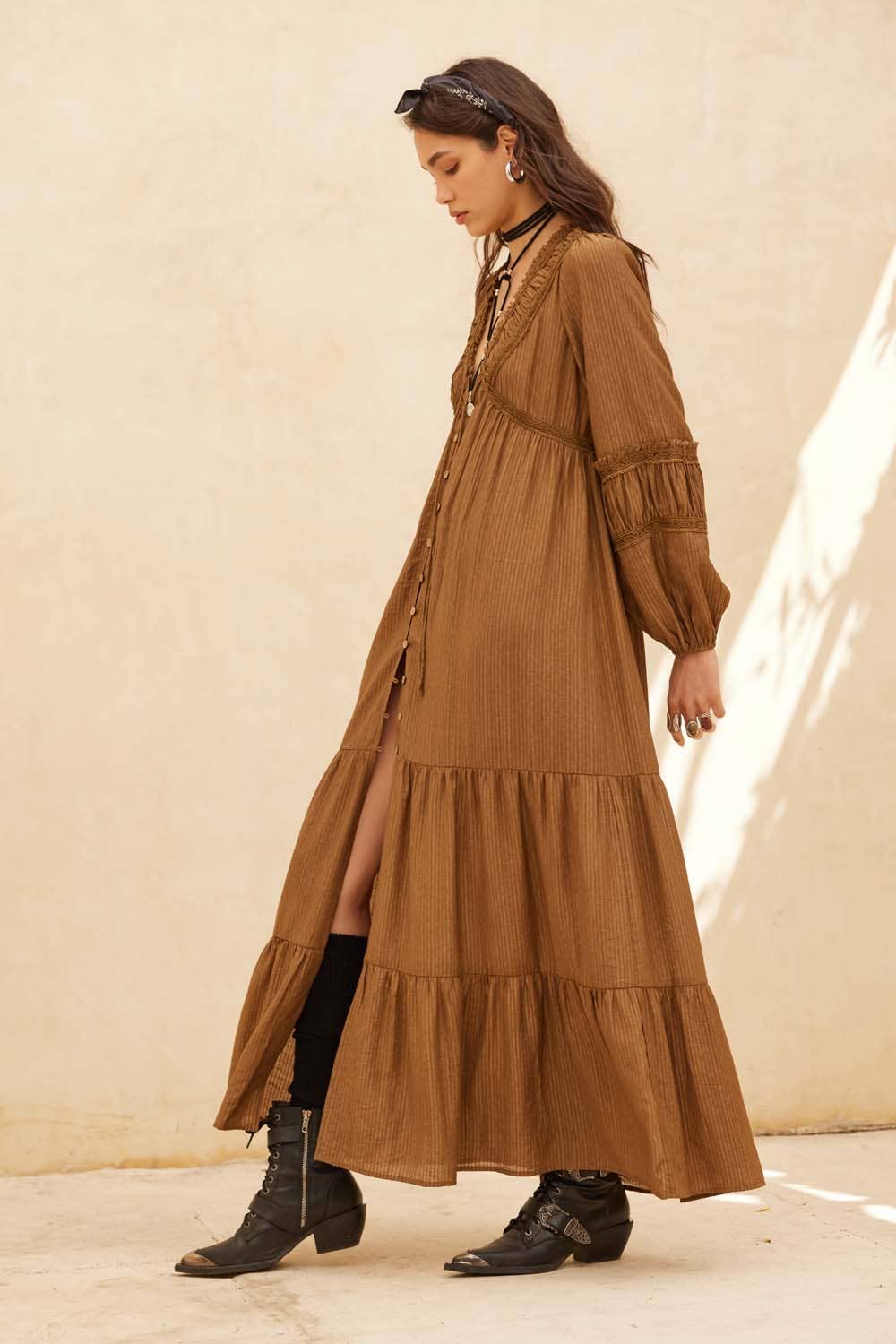 Tonal-Stripe Lace-Trim Button-Front Maxi Dress: CREAM