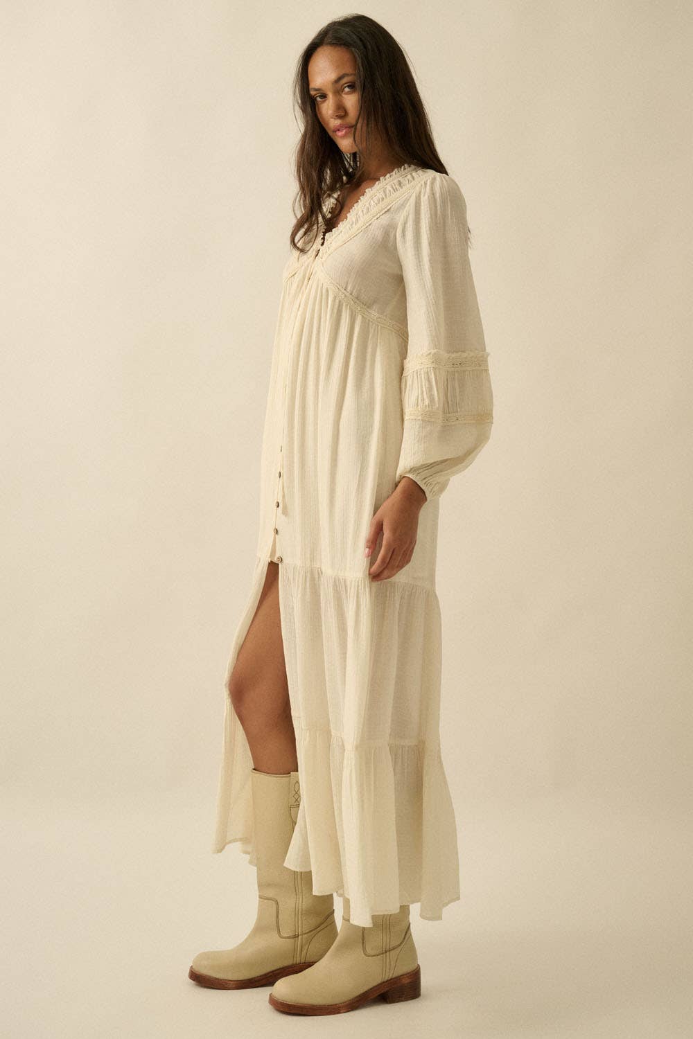 Tonal-Stripe Lace-Trim Button-Front Maxi Dress: CREAM