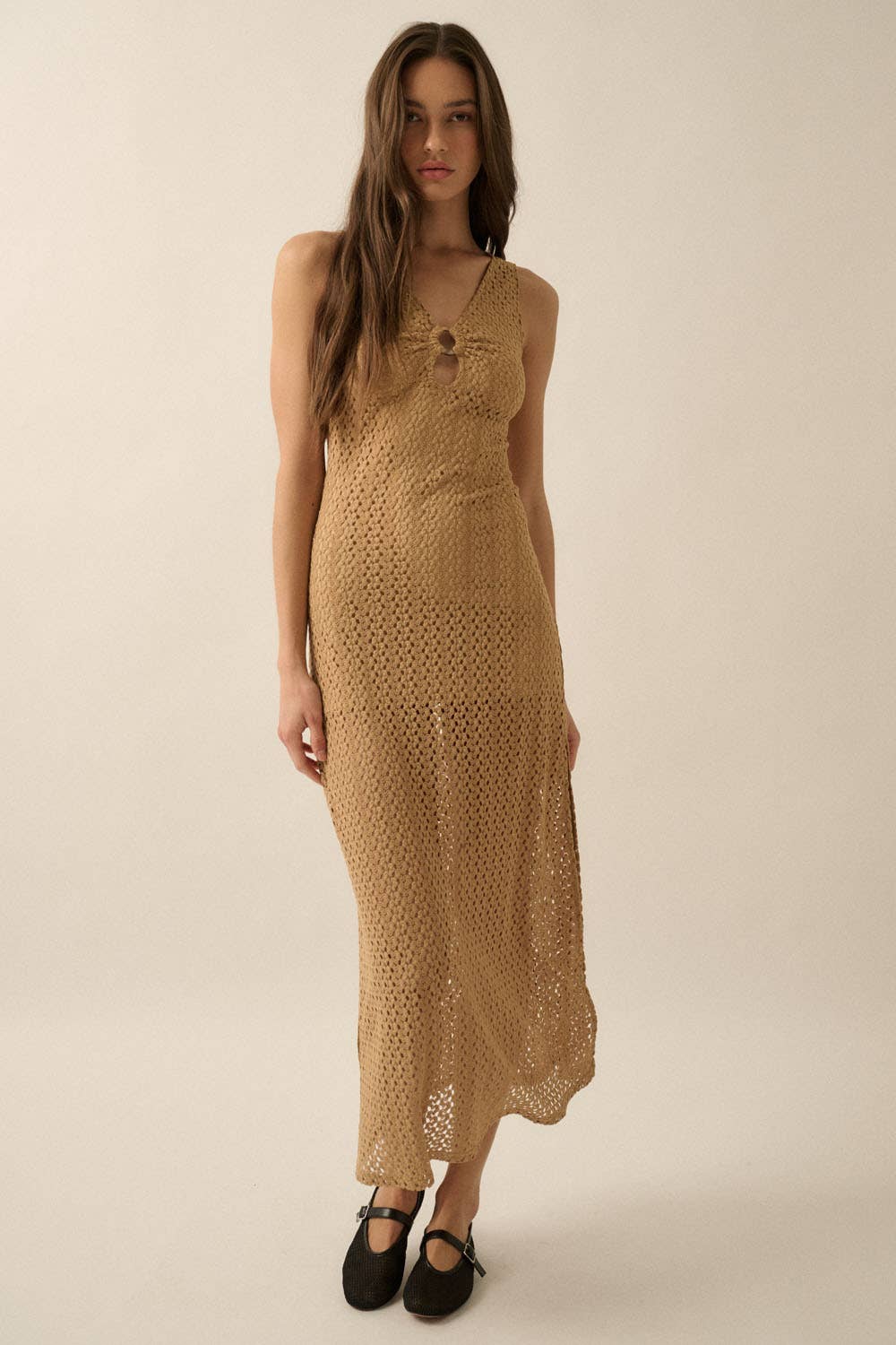 Crochet Knit O-Ring Keyhole Maxi Dress: TAUPE