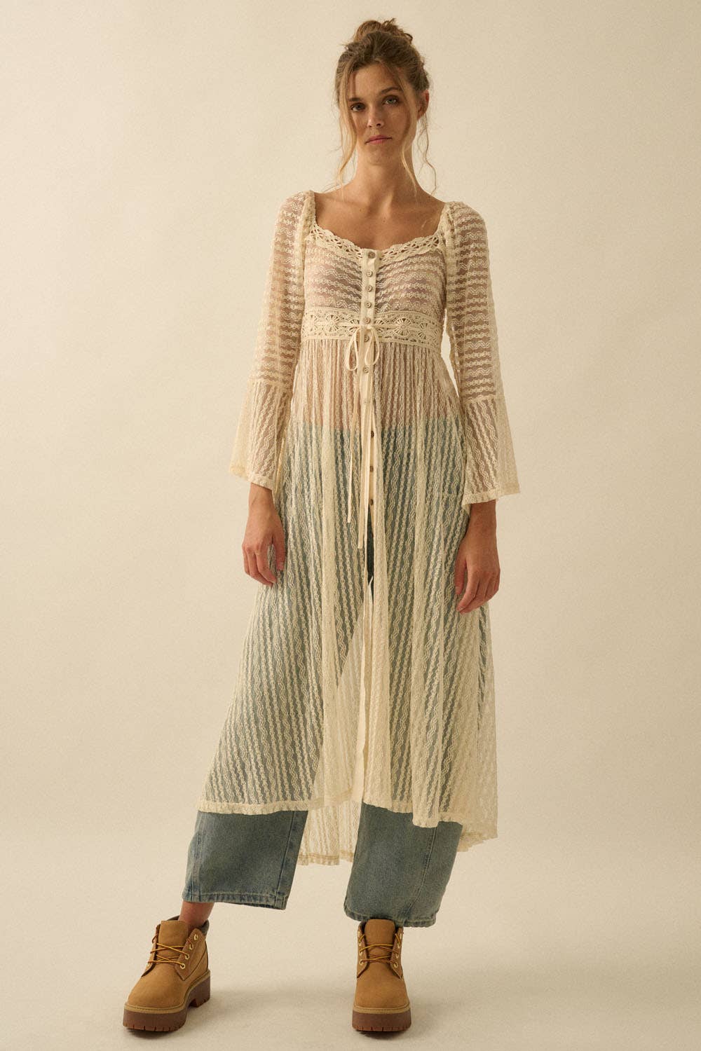 Sheer Striped Lace Button- Up Layering Midi Dress: Taupe