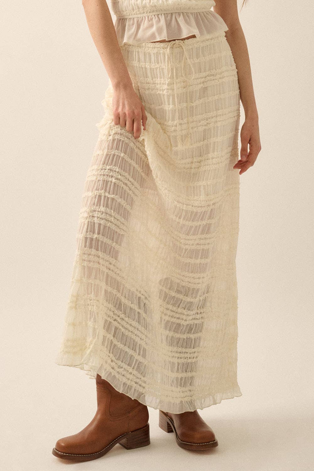 Gathered Tiered Ruffle Drawstring Maxi Skirt: CREAM