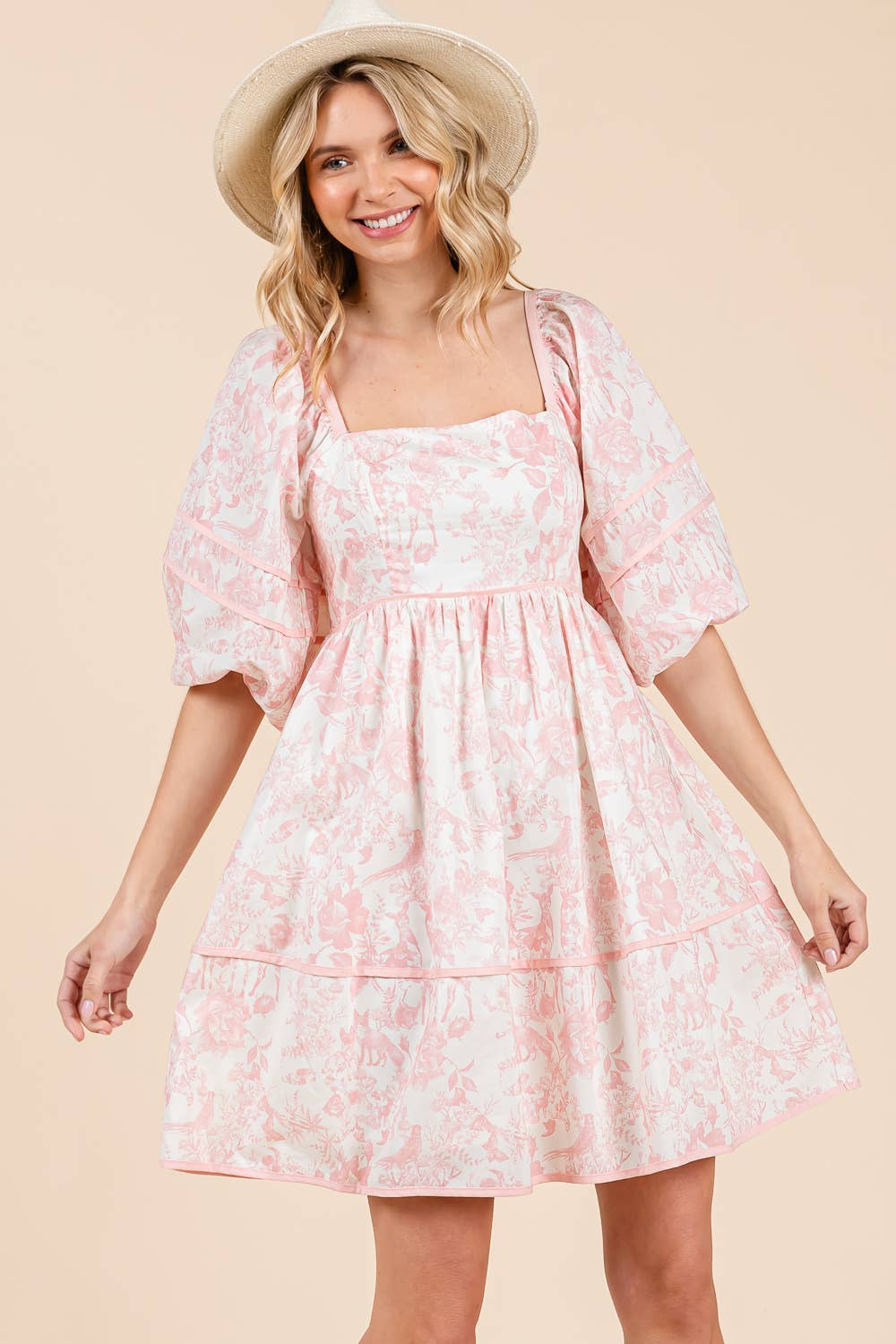 Floral Tiered Mini Dress, MD51614: Cream/Blue
