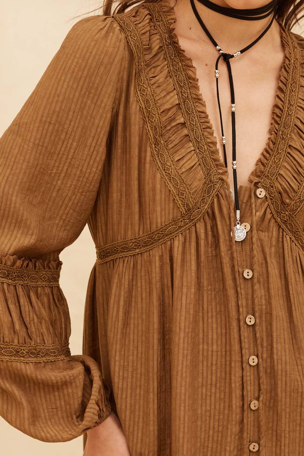 Tonal-Stripe Lace-Trim Button-Front Maxi Dress: CREAM
