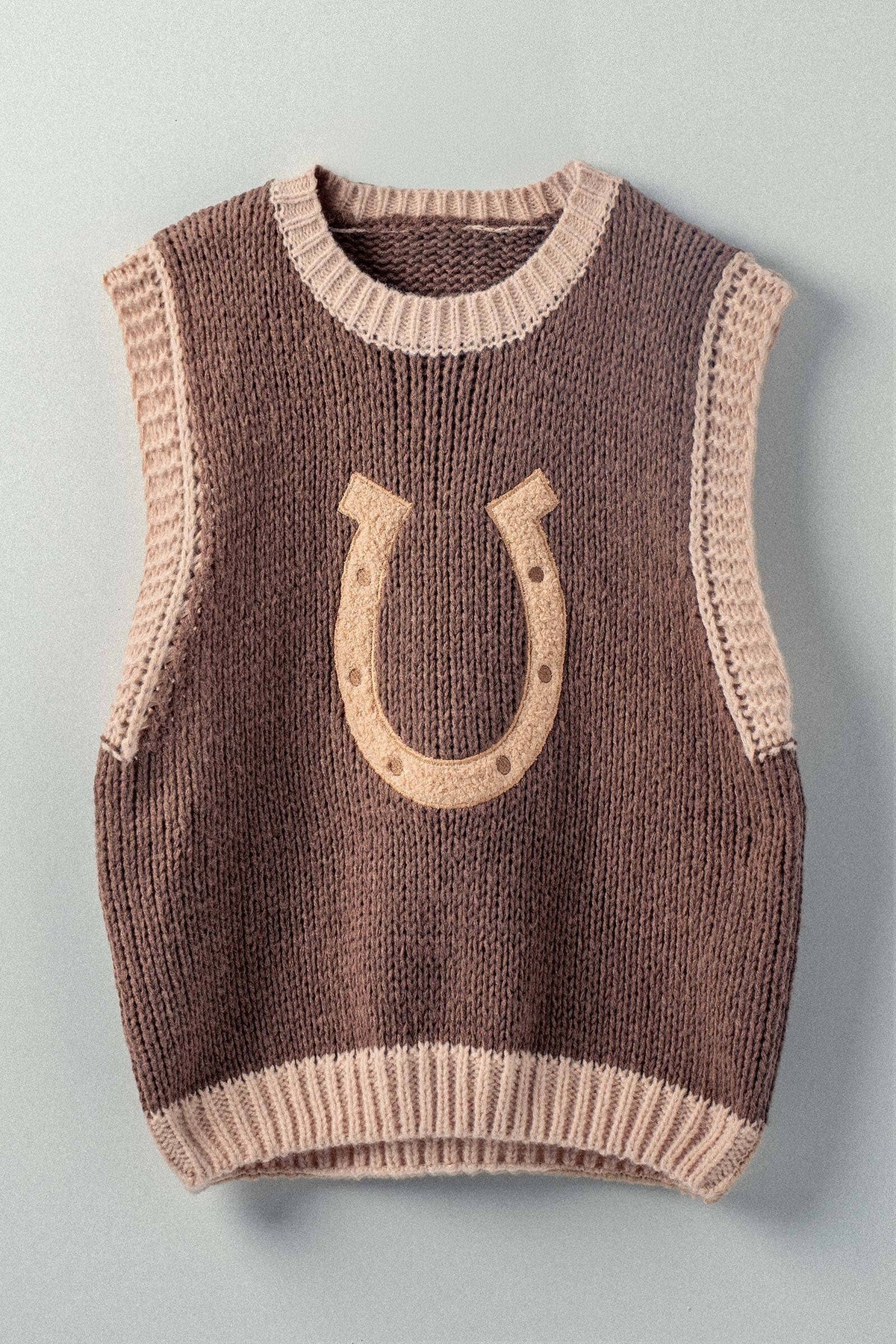 Western Horseshoe Crochet Knit Ribbed Trim Sweater Vest: Brown