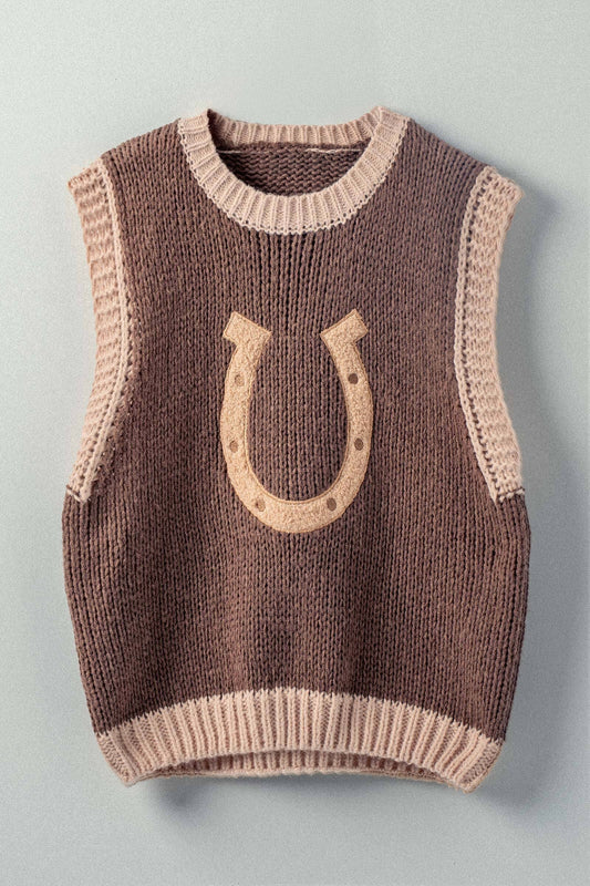 Western Horseshoe Crochet Knit Ribbed Trim Sweater Vest: Brown