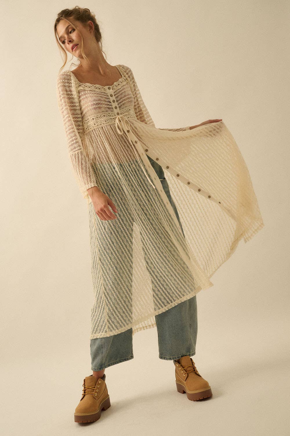 Sheer Striped Lace Button- Up Layering Midi Dress: Taupe