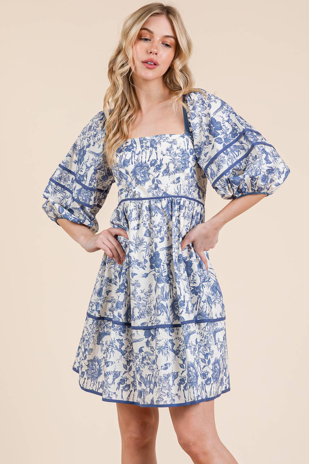 Floral Tiered Mini Dress, MD51614: Cream/Blue