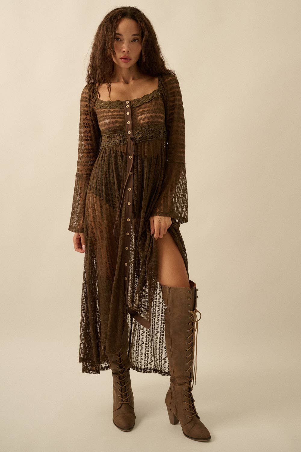 Sheer Striped Lace Button- Up Layering Midi Dress: Taupe