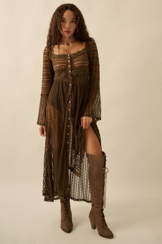 Sheer Striped Lace Button- Up Layering Midi Dress: Taupe