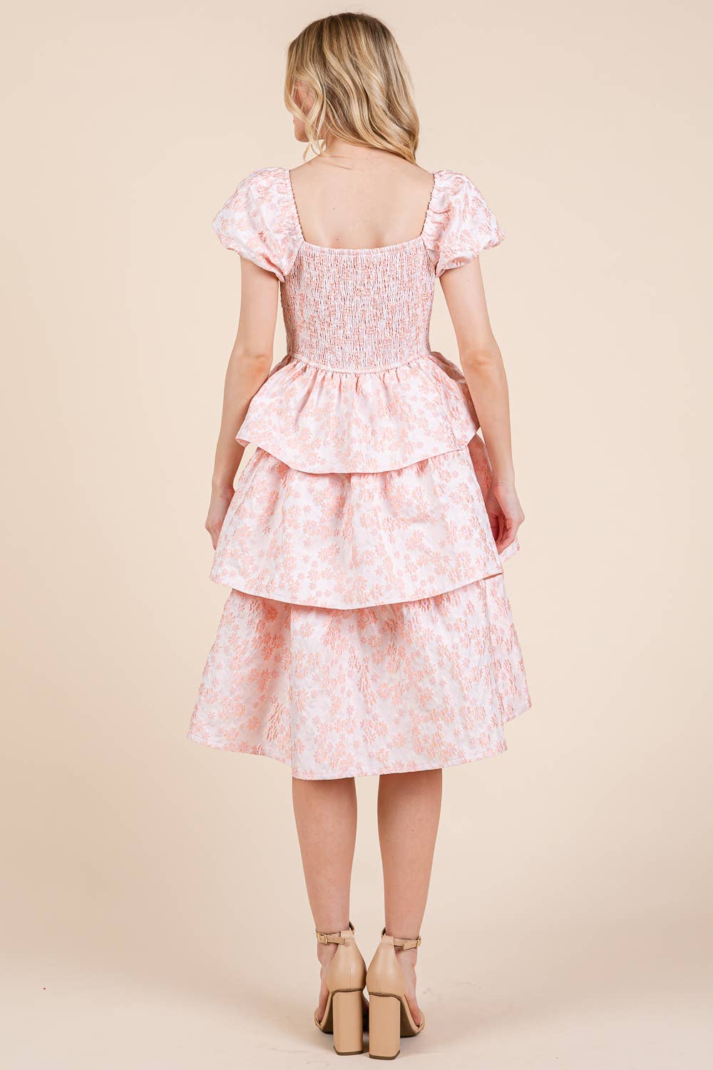 Floral Jacquard Tiered Midi Dress, MD51548: Blush