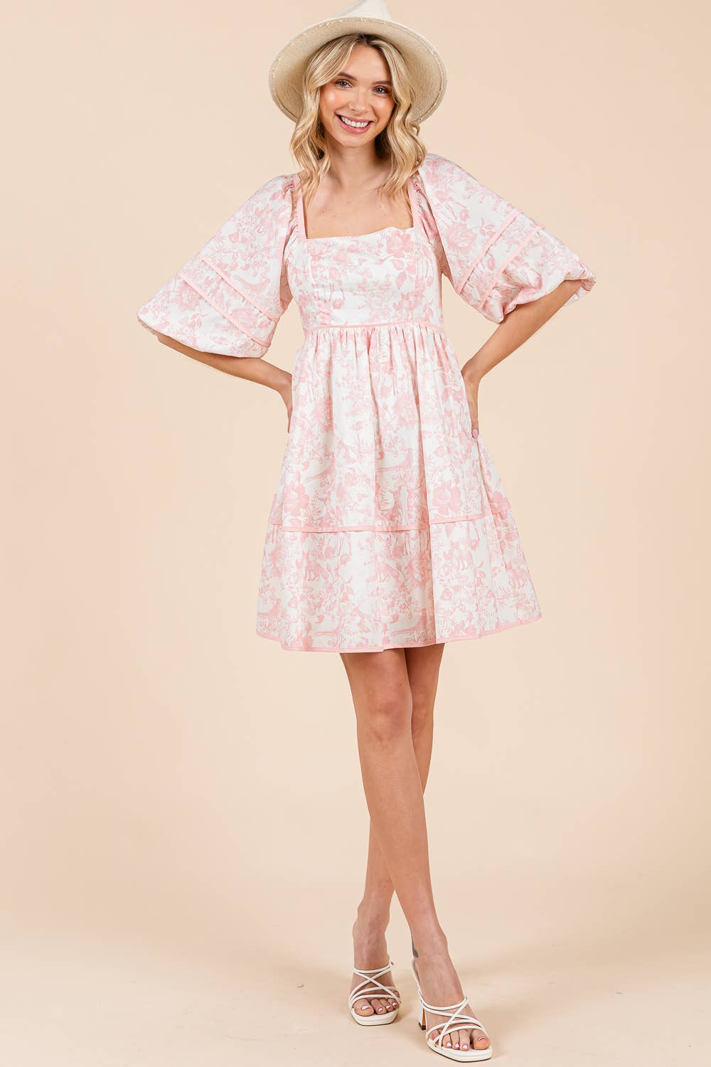 Floral Tiered Mini Dress, MD51614: Cream/Blue